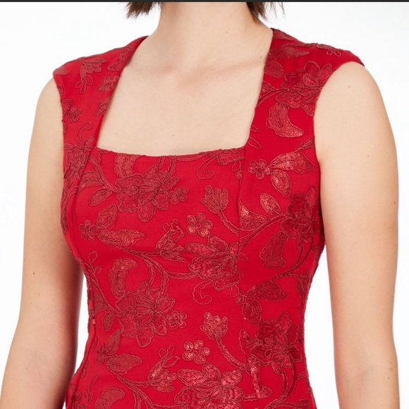 CALVIN KLEIN RED EMBROIDERED LACE DETAIL SHEATH DRESS - Picture 2 of 11